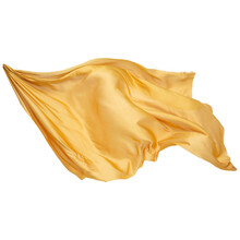 Smooth Flying Elegant On Transparent Background, Golden Fabric Fluttering Textile Wind Silk Wave Fashion Satin Motion Drapery Scarf Flying Chiffon Veil.