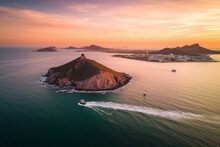 Aerial Drone View Of Mazatlan's Three Islands At Sunset With Colorful Hues And A Boat Crossing The Pacific Ocean. Generative AI