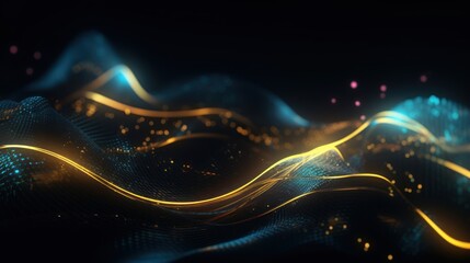 Abstract futuristic background with gold and blue glowing neon moving high speed wave lines and bokeh lights. Visualization of sound waves. Data transfer concept. Fantastic wallpaper. Generative AI