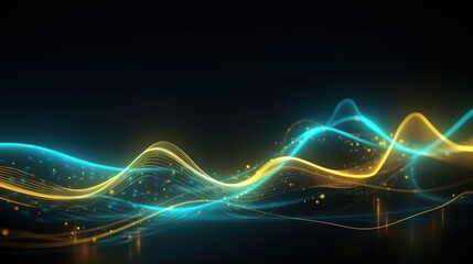 Wall Mural - Abstract futuristic background with gold and blue glowing neon moving high speed wave lines and bokeh lights. Visualization of sound waves. Data transfer concept. Fantastic wallpaper. Generative AI