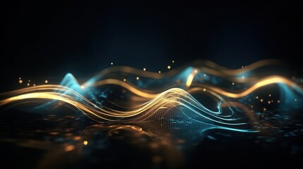 abstract futuristic background with gold and blue glowing neon moving high speed wave lines and boke