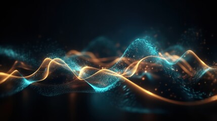 Wall Mural - Abstract futuristic background with gold and blue glowing neon moving high speed wave lines and bokeh lights. Visualization of sound waves. Data transfer concept. Fantastic wallpaper. Generative AI