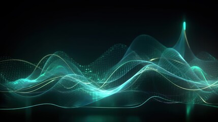 Wall Mural - Abstract futuristic background with green and blue glowing neon moving high speed wave lines and bokeh lights. Visualization of sound waves. Data transfer concept. Fantastic wallpaper. Generative AI