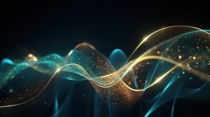 Wall Mural - Abstract futuristic background with gold and blue glowing neon moving high speed wave lines and bokeh lights. Visualization of sound waves. Data transfer concept. Fantastic wallpaper. Generative AI