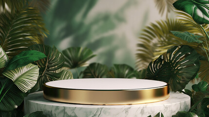 Wall Mural - Marble podium with golden elements and foliage decoration. Minimalistic scene for product presentation. Generative art