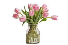 Pink Tulip Flowers In Vase Isolated On White Background. Generative AI