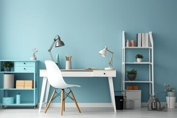 Wall Mural - Stylish Blue Room Office Setup, Desk with Supplies and Wall Copy Space for a Minimalistic Workspace. Modern Blue Room Office Design. 