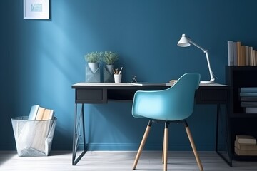 Wall Mural - Stylish Blue Room Office Setup, Desk with Supplies and Wall Copy Space for a Minimalistic Workspace. Modern Blue Room Office Design. 