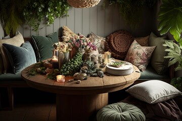 Wall Mural - natural wood table surrounded by plush cushions and exotic plants, created with generative ai