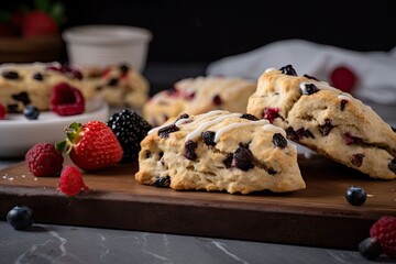 Wall Mural - gluten-free vegan scones with berries and chocolate chips, created with generative ai