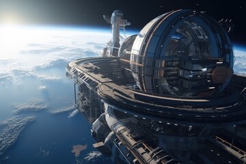 Wall Mural - futuristic and conceptual space station with view of planet in the background, created with generati