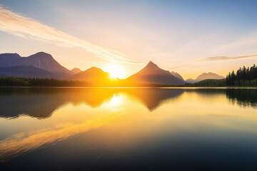 Wall Mural - a beautiful sunset over a lake with mountains in the background