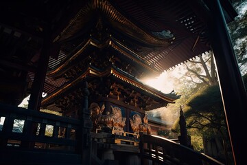 Sticker - close-up of intricate details in japanese pagoda, with rays of light shining through, created with generative ai