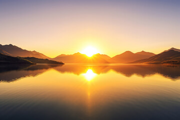 Wall Mural - a beautiful sunset over a lake with mountains in the background