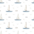 Watercolor seamless pattern with yacht, sailboat, sea, seagulls, clouds on a white background, nautical pattern