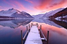 The Landscape Of A Pier With Snow On It By The Lake With Snowy Mountain Background
