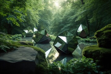 Sticker - 3d geometric forms merging with natural setting, creating stunning visual, created with generative ai