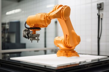Canvas Print - 3d printing and additive manufacturing robot, with its arm moving in precise motions as it creates new 3d printed object, created with generative ai