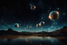 Abstract And Surreal Landscape With Floating Orbs Of Light, Resembling Stars, Created With Generative Ai
