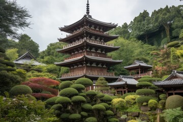 Wall Mural - enormous japan pagoda surrounded by lush gardens, with water features and lanterns, created with generative ai