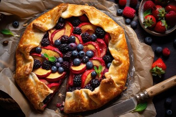 Sticker - rustic fruit tart with flaky pastry and handful of fresh berries, created with generative ai