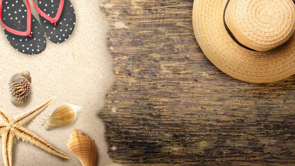 Poster - Seashells and starfish with slippers and hats on wooden floors