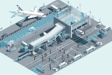 isometric view of bustling airport, with planes and people in motion, created with generative ai