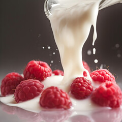 Canvas Print - Splash yogurt with raspberry on white backgrounds. Generative AI. Illustration