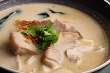 Wall Mural - close-up of rich and creamy broth with floating slices of tender pork, created with generative ai