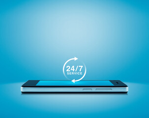 24 hours service icon on modern smart mobile phone screen over light blue background, full time onli