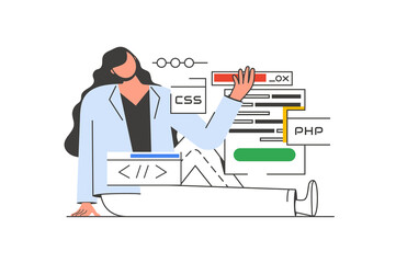 Leinwandbilder - Programming working outline web concept with character scene. Woman creates code and testing algorithms. People situation in flat line design. Illustration for social media marketing material.
