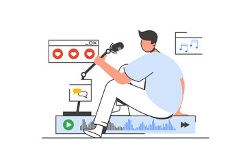 Aufkleber - Podcast streaming outline web concept with character scene. Man speaking in microphone, recording audio. People situation in flat line design. Illustration for social media marketing material.