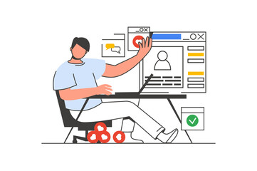 Leinwandbilder - Social network outline web concept with character scene. Man browsing, likes photos in blog, comments. People situation in flat line design. Illustration for social media marketing material.