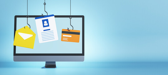 Phishing attack, cybercrime and hacking concept with fish hooks stealing personal data, mail and credit card details from computer on blue background with place for poster. 3D rendering, mockup