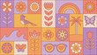 Vector illustration in simple linear style - summer geometrical banner, design template and stickers - rainbow flowers, butterflies and palm