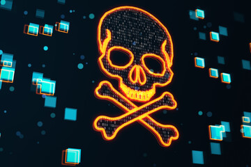 Sticker - Orange glowing skull and bones digital illustration, dark screen texture background, hacking attack and ransomware concept. 3D Rendering