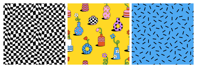 Wall Mural - Cute cartoon flower and vase seamless pattern set. Daisy floral organic form and other elements in trendy playful cartoon style. Vector chessboard and abstract background.