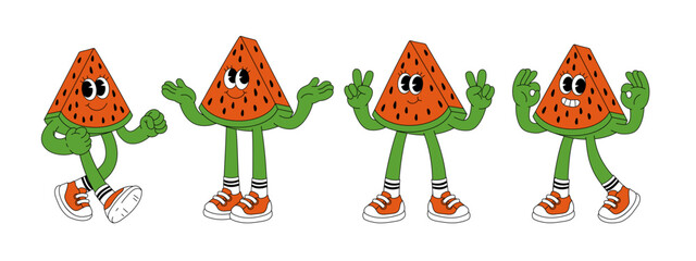 Wall Mural - Fruit retro funky cartoon characters. Comic mascot of watermelon with happy smile face, hands and feet. Groovy summer vector illustration. Fruits flower berries juicy sticker pack.