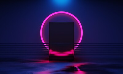 futuristic gaming esports background abstract wallpaper, cyberpunk style scifi game, stage concert scene in pedestal display room, led neon glow light, 3d illustration rendering