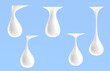 Milk drop, falling white drip of water or cream 3d render icons set. Liquid cosmetic droplet of coconut oil, shampoo or lotion with glossy melt leaking isolated on blue background. 3D illustration