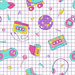 Wall Mural - vintage seamless pattern 80s 90s disco ball, roller skates, cassette tape, geometric shapes in memph
