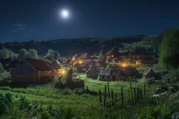 Wall Mural - harvest moon, shining down on a sleeping village, with distant stars visible in the night sky, creat