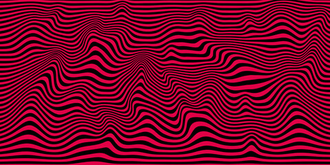 Wall Mural - Abstract optical illusion wave. A flow of black and red stripes forming a wavy distortion effect. Vector Illustration.