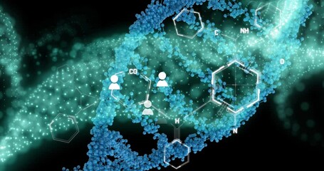 Sticker - Animation of dots forming dna helixes and molecule structures against black background