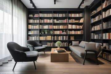 Wall Mural - modern library with sleek furniture and minimalist design, offering a quiet study space, created with generative ai