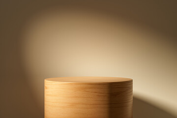 Wall Mural - 3d presentation pedestal or dais made of wood in room illuminated by sunlight. 3d rendering of mocku