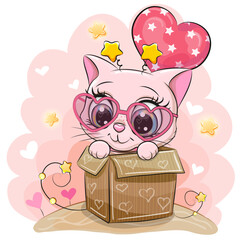 Sticker - Cute Cartoon Pink Kitty with balloon