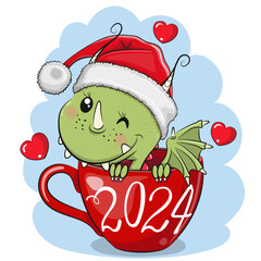 Canvas Print - Cartoon Dragon in a Santa hat is sitting in a Cup