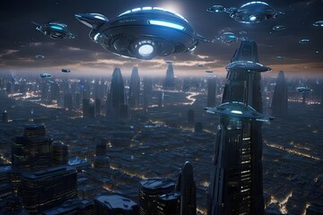 Wall Mural - aerial view of galactic cityscape, with hovercars and spacecraft buzzing past, created with generati
