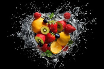  Various Fruit in the heart shape with splash water, Healthy fruits Rich in Vitamins. Generative Ai